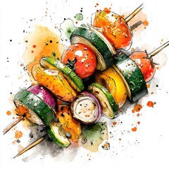 Watercolor Skewers - Vibrant Grilled Vegetables on Wooden Skewers, Artistic Food Illustration.