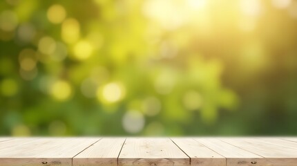 Sunlit wooden tabletop with vibrant green bokeh background provides a stunning natural display for product mockups and creative designs, perfect for spring themes
