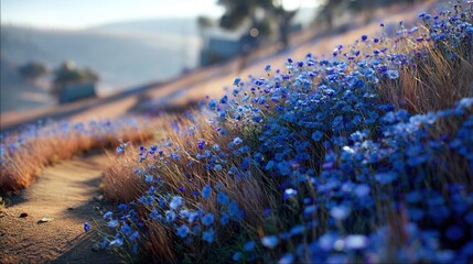Blue Flowers Field Path Sunrise
