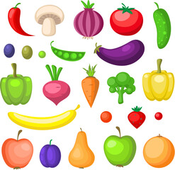 Assortment of cartoonstyle fruits and vegetables