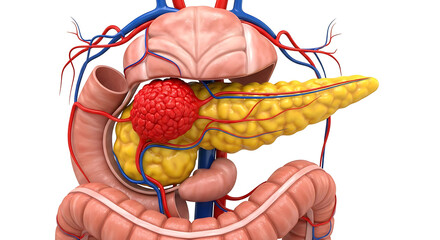 Detailed 3d anatomical illustration of the human pancreas and surrounding organs with blood vessels
