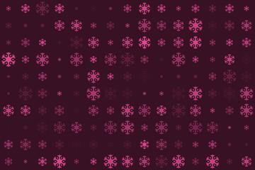 Abstract winter background with varying pink and purple snowflake patterns on a dark maroon backdrop, perfect for festive designs