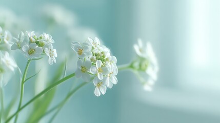 Macro white flower Alyssum (Lobularia maritima). Soft focus and blurry light background, copy space, banner 16:9. The concept of spring, summer, environment day.