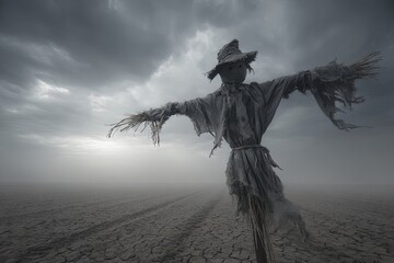 Scarecrow In A Gray Stormy Field