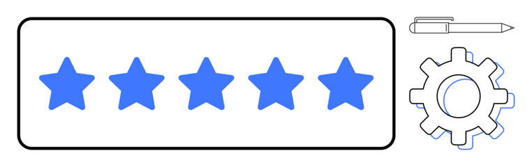 Obraz premium Blue stars in a rating bar, gear icon representing process improvement, and pen indicating feedback. Ideal for reviews, quality assurance, user satisfaction, evaluation, productivity, workflow