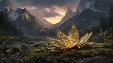 Golden Lotus Flower In Mountain Valley At Sunrise