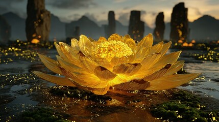Golden Lotus Flower In Fantasy Landscape