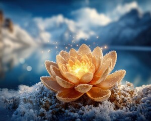 Glowing Golden Lotus In Snowy Landscape