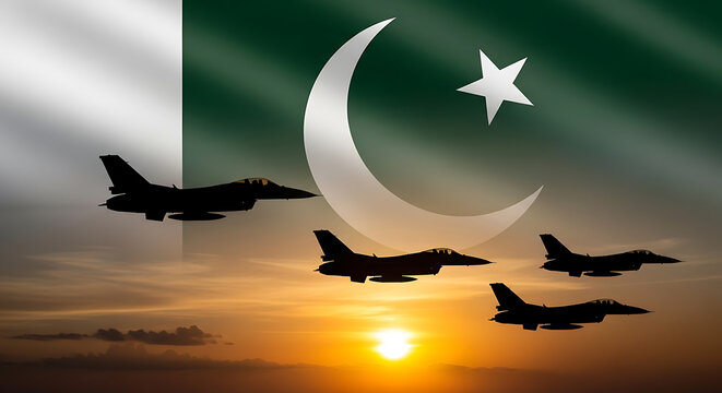 Pakistani air force fighter jets flying in formation against a dramatic sunset with the national flag - Powered by Adobe