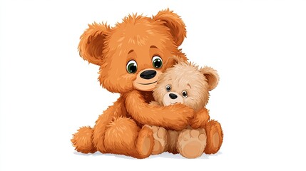 Two cuddly cartoon teddy bears, one large embracing a smaller one, against a white background