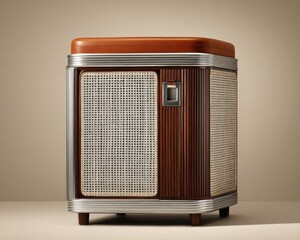 Vintage Retro Style Speaker With Brown Wood And Chrome Trim