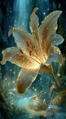 Glowing Golden Lily In Fantasy Forest