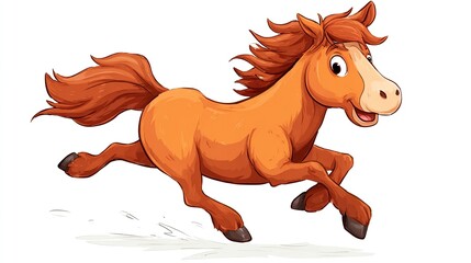 A cartoon horse with a flowing mane and tail gallops with a happy expression on a white background
