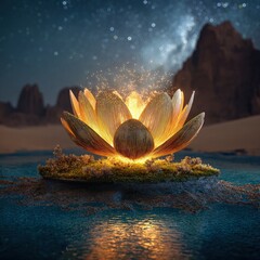 Glowing Golden Lotus In Desert Night Landscape