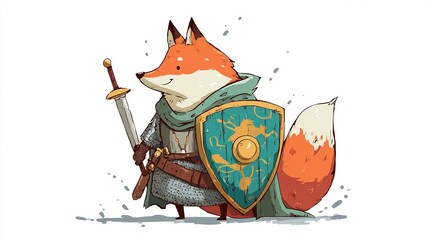 A cartoon fox warrior, armored and wielding a sword and shield, stands ready with a confident smirk