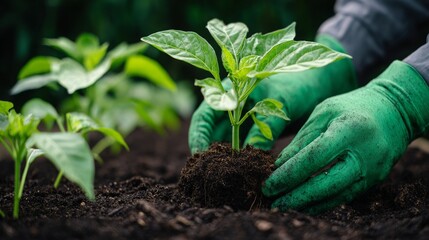 Man in green gloves checking quality of the soil on the farm Concept of farming growing plants and working on the ground Organic farming concept. Creative Banner. Copyspace image