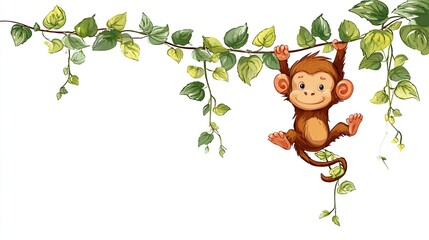 A cartoon monkey with a smiling face hangs from a vine of leaves against a white background