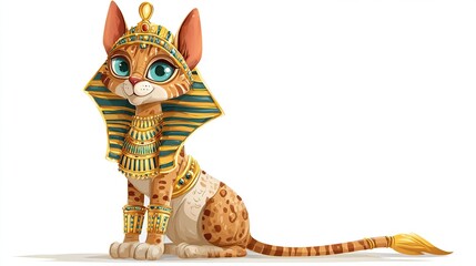 A charming cartoon cat, adorned in golden Egyptian pharaoh regalia, poses with a friendly expression