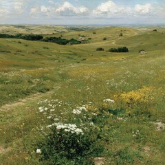 Vast Grassland Meadow With Wildflowers And Cloudscape
