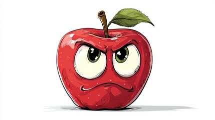Cartoon red apple with angry expression, brown stem, and single green leaf