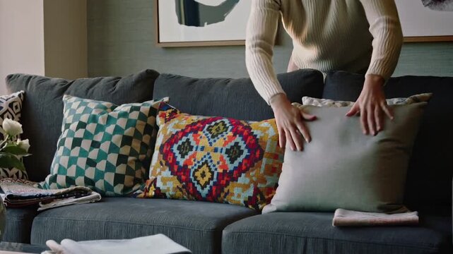 Woman arranging colorful pillows on a modern sofa