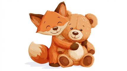 A cheerful orange fox embraces a brown teddy bear; both smiling sweetly against a white backdrop
