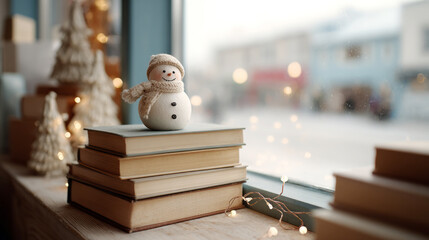Cozy bookstore window display with stacked books and festive snowman decoration in winter setting