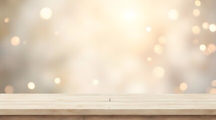 Elegant wooden table with sparkling bokeh lights creates a warm, inviting atmosphere perfect for showcasing products or designs with a touch of magic