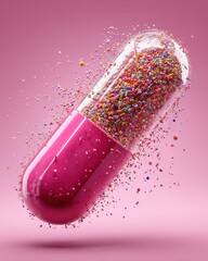 Glossy Magenta Pill Levitating with a Burst of Rainbow Candy Sprinkles.