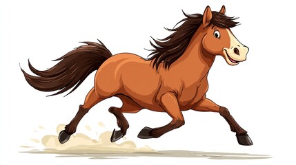 A vibrant cartoon horse gallops joyfully across a white backdrop, showcasing motion and a friendly expression