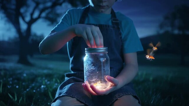 Boy capturing fireflies in a jar at night