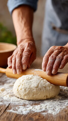Elderly caucasian hands kneading dough with rolling pin for homemade baking