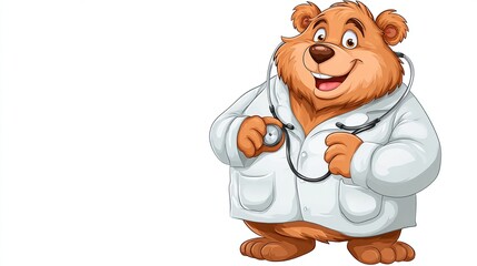 Cartoon brown bear in a white lab coat, stethoscope around its neck, smiling cheerfully