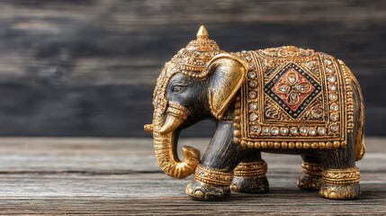 Mirror magical, fortune telling and fulfillment of desires. Golden elephant on a wooden table. Dark room, light effect. Beautiful statuette of an elephant on the background.