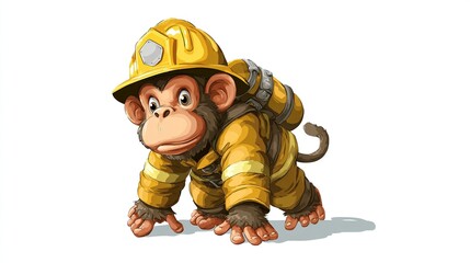 A cartoon monkey, outfitted in firefighter gear including a yellow helmet and oxygen tank, crawls forward