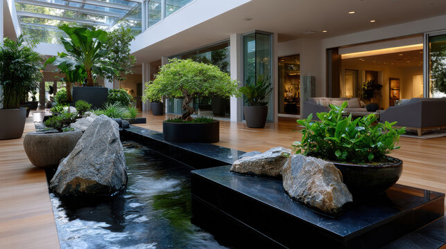 An elegantly designed indoor garden featuring a tranquil water feature and an array of greenery, promoting peace and relaxation in a contemporary living space.