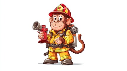 Cartoon monkey in firefighter gear, holding a fire hydrant nozzle, with a respirator tank on back