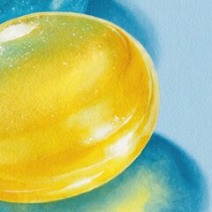 Luminous Yellow Gel Drop on Textured Blue Surface, Abstract Macro.