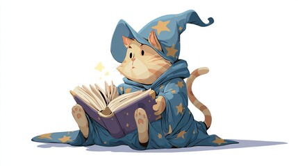 A whimsical orange tabby cat wearing a wizard's hat and robe, reading a magical book, with stars
