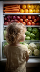 Fototapeta premium Child gazing at colorful layers of fresh produce inside open fridge