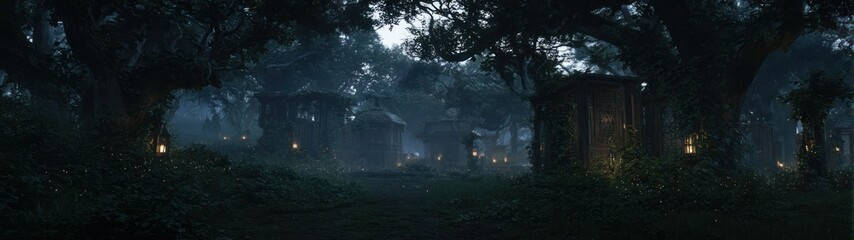 Mysterious foggy forest scene with trees and light moody landscape at dusk