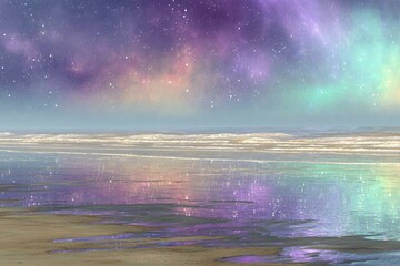 Colorful Night Sky Reflection On Water Beach