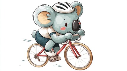 An illustration of a koala bear in cycling attire riding a red bicycle against a white backdrop