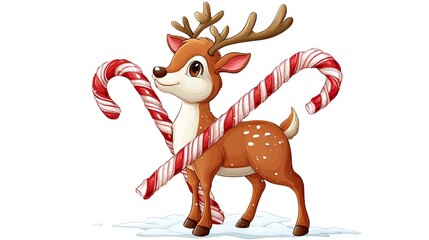 A cartoon reindeer with brown fur, large eyes, and antlers stands between two red and white candy canes