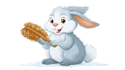 An adorable, cartoon rabbit, with fluffy, light blue fur, holds a wooden brush. It has big eyes and smiles