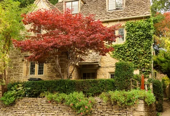 Selbstklebende Fototapeten Fallen Traditional English stone cottage with red autumn leaves on a maple tree and green ivy creating a charming scene  © Anneleven