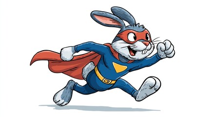 Animated rabbit superhero running, wearing a cape and mask against a white background