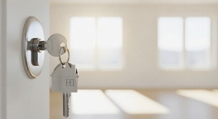 House-Shaped Key Fob on Silver Door Lock Against White Wall – Sunlit Empty Room Symbolizing New Home Transition