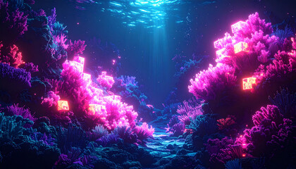 Abstract underwater coral reef formed with pixelated glowing squares, luminous pink and aqua gradients, surreal 8-bit marine nature aesthetic, ultra-HD, no text.Abstract underwater coral reef formed 