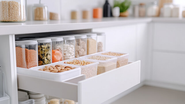 Contemporary kitchen design featuring pull out pantry drawers with organized containers for efficient storage